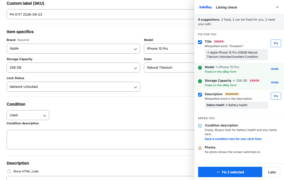 The SafeBay listing check next to an iPhone 15 Pro listing: Model and Storage Capacity already fixed with Undo, and fixes offered for a misspelled title and description.