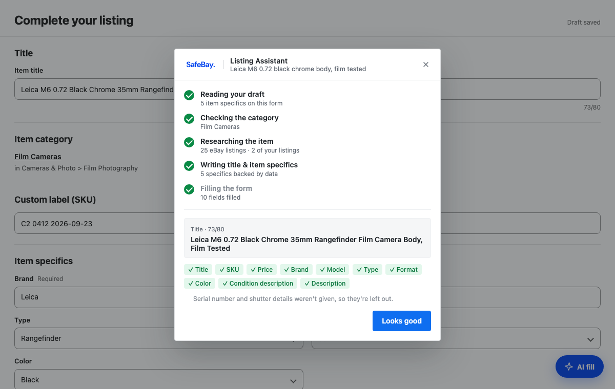 The SafeBay Listing Assistant on eBay’s listing form: all five steps done and the title, SKU, price, brand, model, type, format, color, condition description and description filled for a Leica M6.