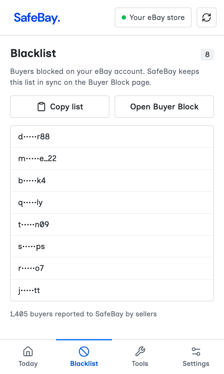 The Companion popup’s Blacklist tab with blocked usernames.