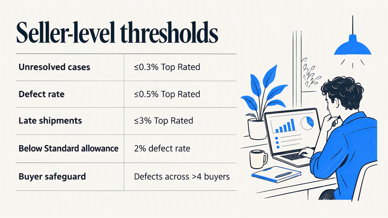 Three seller metrics with performance thresholds